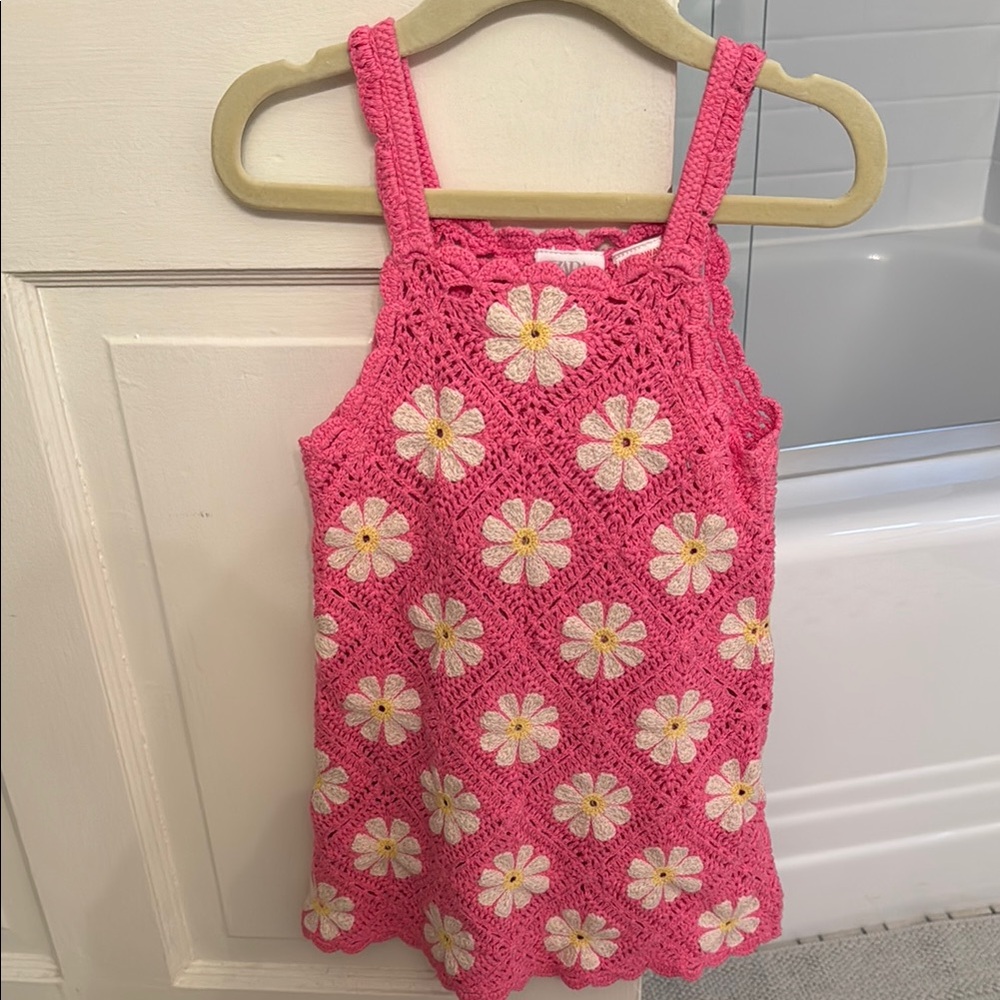 Zara Pink Crochet Dress with White and Yellow Flowers